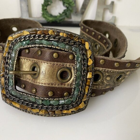 Handmade Brown Leather Statement Belt Semi Precious Stones Studs Up To Size 36 - Picture 2 of 16